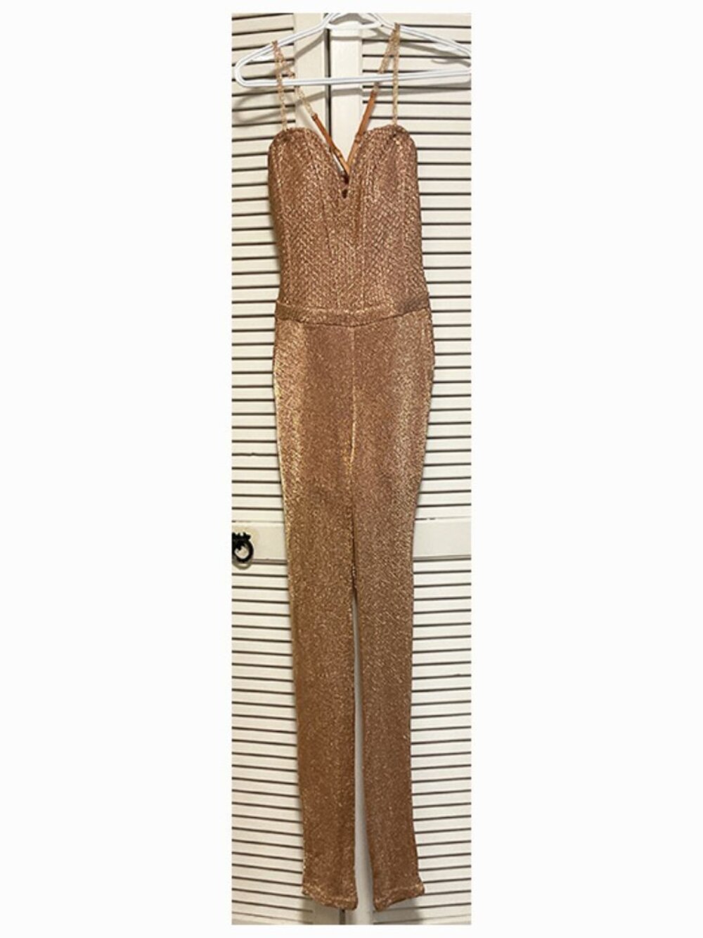 Sexy Gold Lame Strappy Fitted Jumpsuit Bustier Top Size M *Repairs